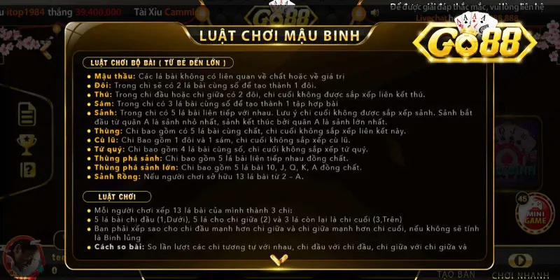 Luật chơi và thuật ngữ Mậu binh Go88